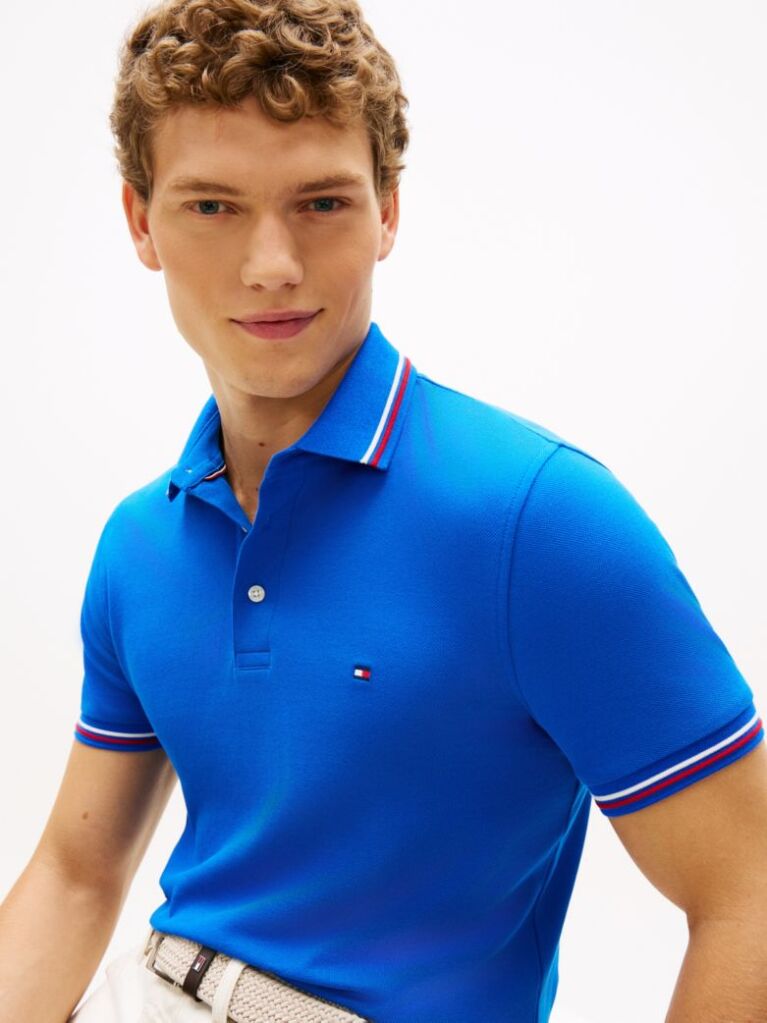 Blue Slim Fit Tipped Pique Polo Shirt  Men
