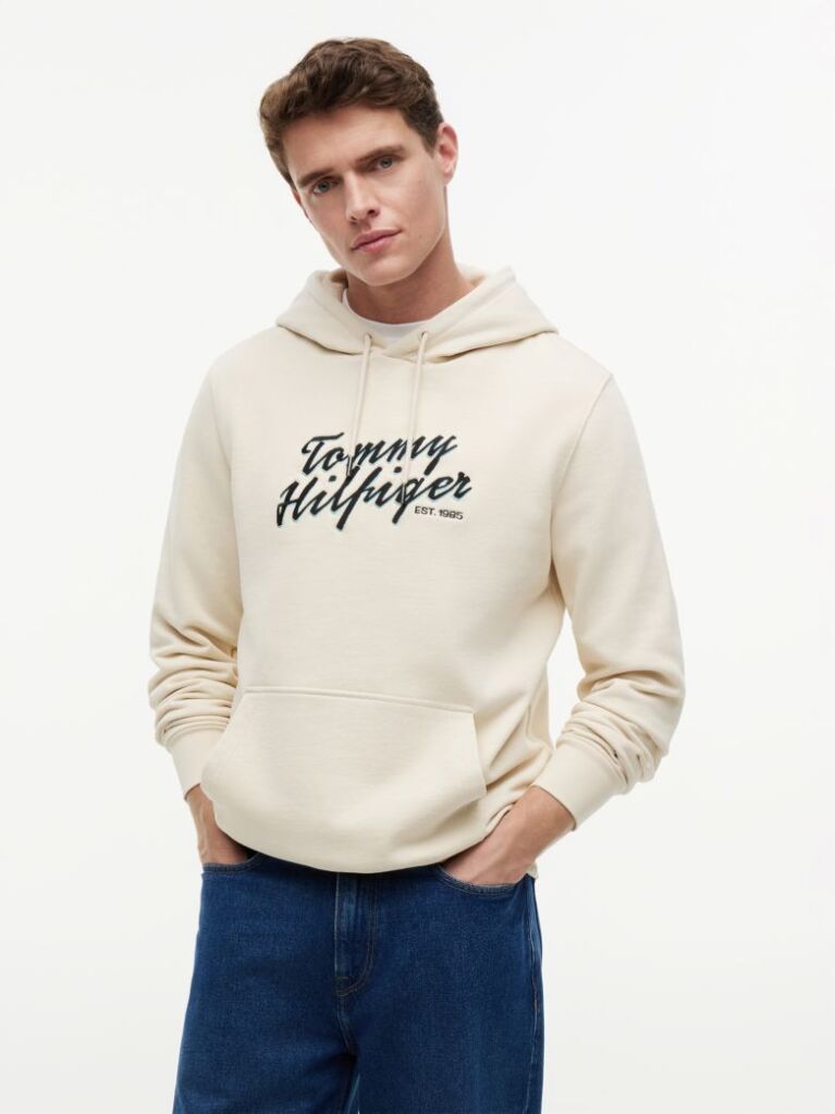 Beige Text Graphic Lightweight Drawstring Hoody  Men