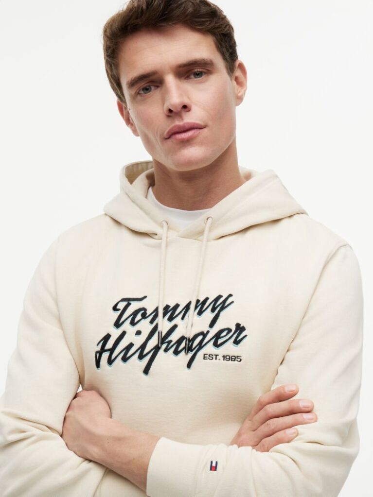 Beige Text Graphic Lightweight Drawstring Hoody  Men