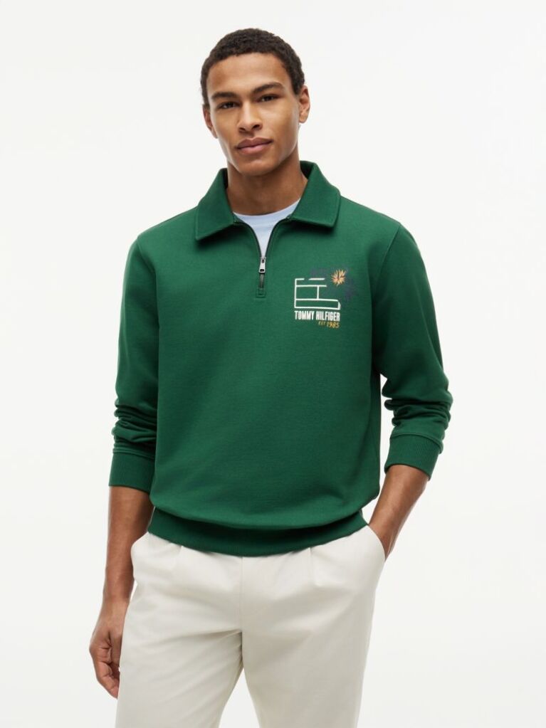 Green Graphic Quarter-Zip Rugby Sweatshirt  Men