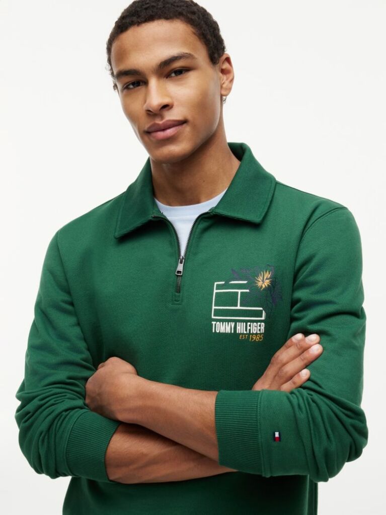 Green Graphic Quarter-Zip Rugby Sweatshirt  Men