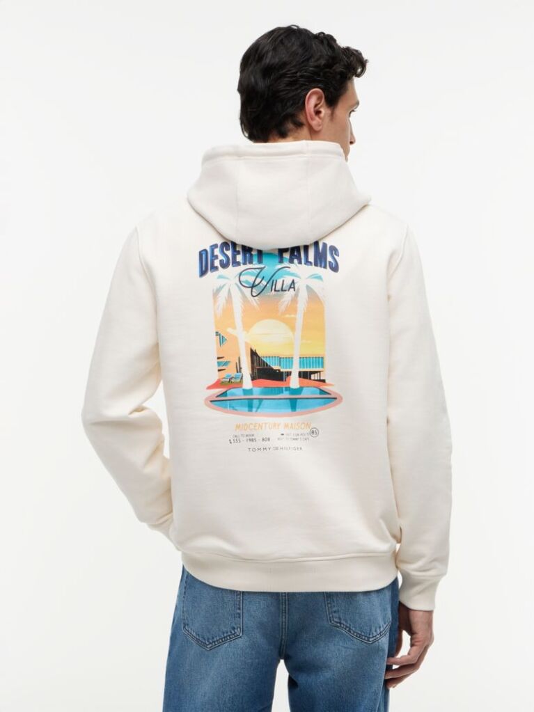 Beige Back Graphic Twill Terry Hoody  Men