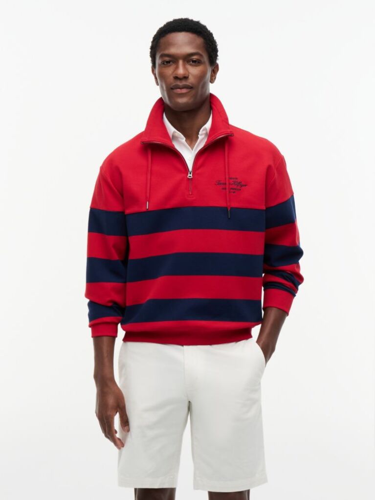 Red Stripe Mock Neck Quarter-Zip Sweatshirt  Men
