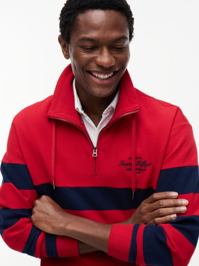 Red Stripe Mock Neck Quarter-Zip Sweatshirt  Men