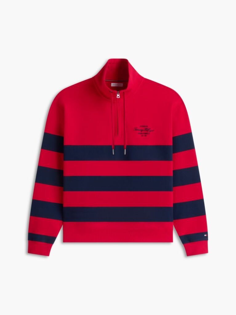 Red Stripe Mock Neck Quarter-Zip Sweatshirt  Men