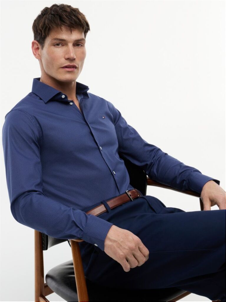 Blue Slim Fit Micro Print Shirt  Men