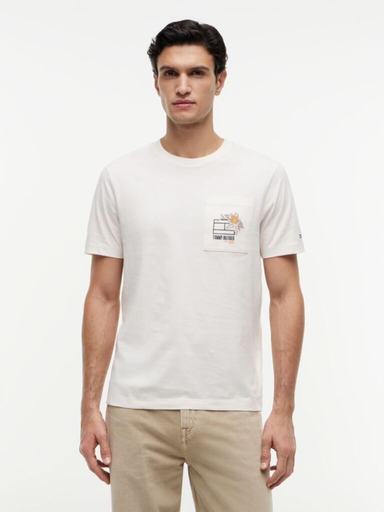 Beige Floral Graphic Pocket T-Shirt  Men