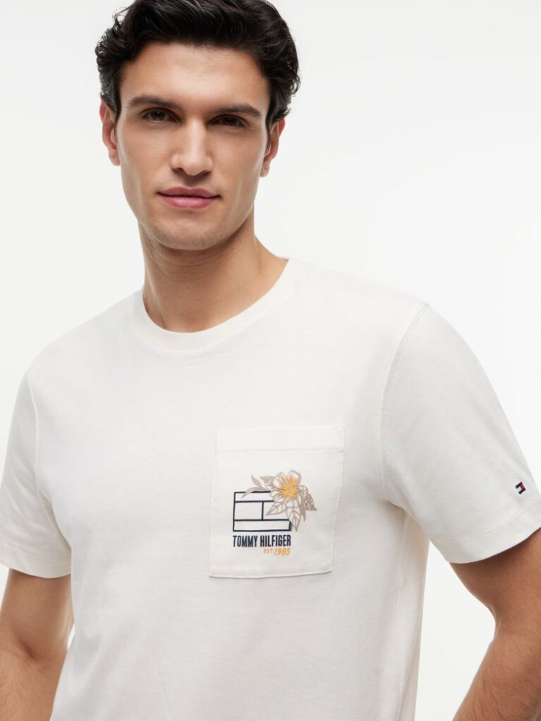 Beige Floral Graphic Pocket T-Shirt  Men