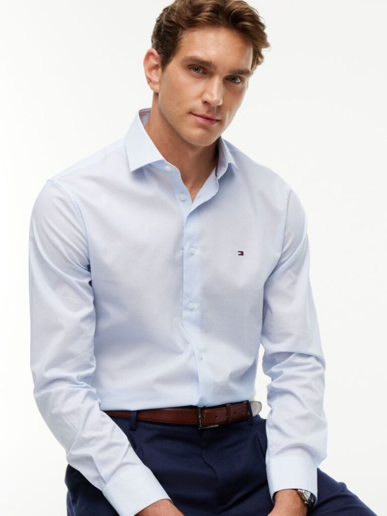 Blue Slim Fit Micro Print Poplin Shirt  Men