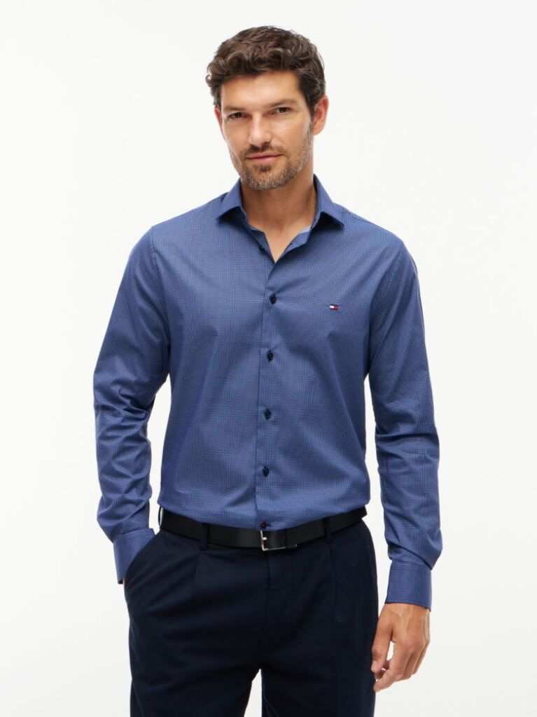 Blue Slim Fit Micro Print Poplin Shirt  Men