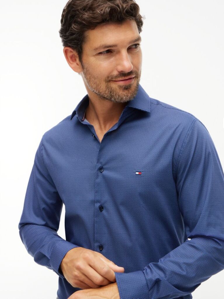 Blue Slim Fit Micro Print Poplin Shirt  Men