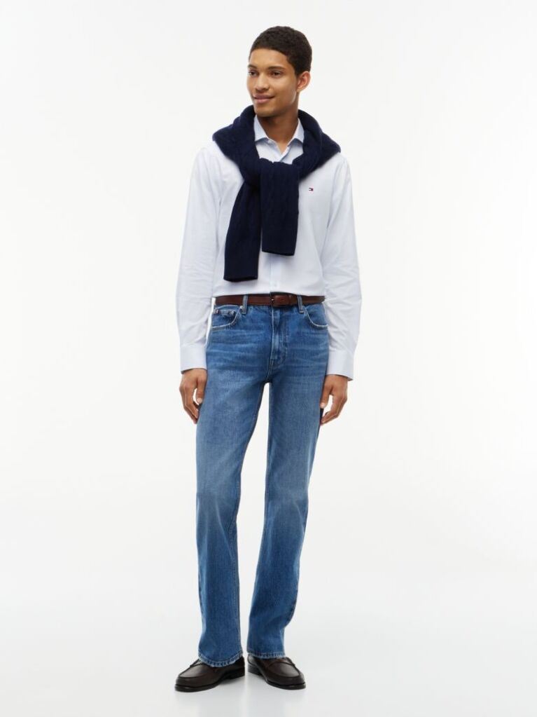 Blue Slim Fit Flag Embroidery Dobby Shirt  Men