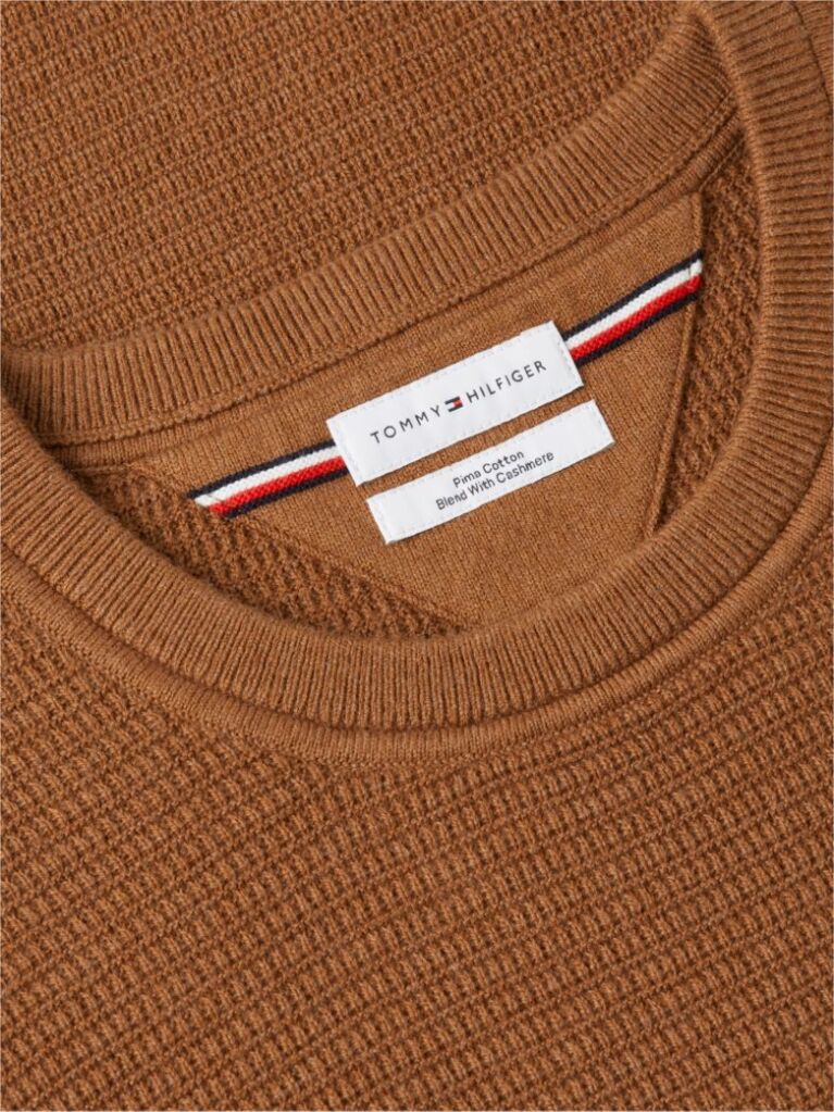 Brown Textured Crew Neck Jumper With Cashmere  Men