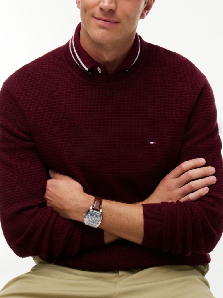 Red Textured Crew Neck Jumper With Cashmere  Men