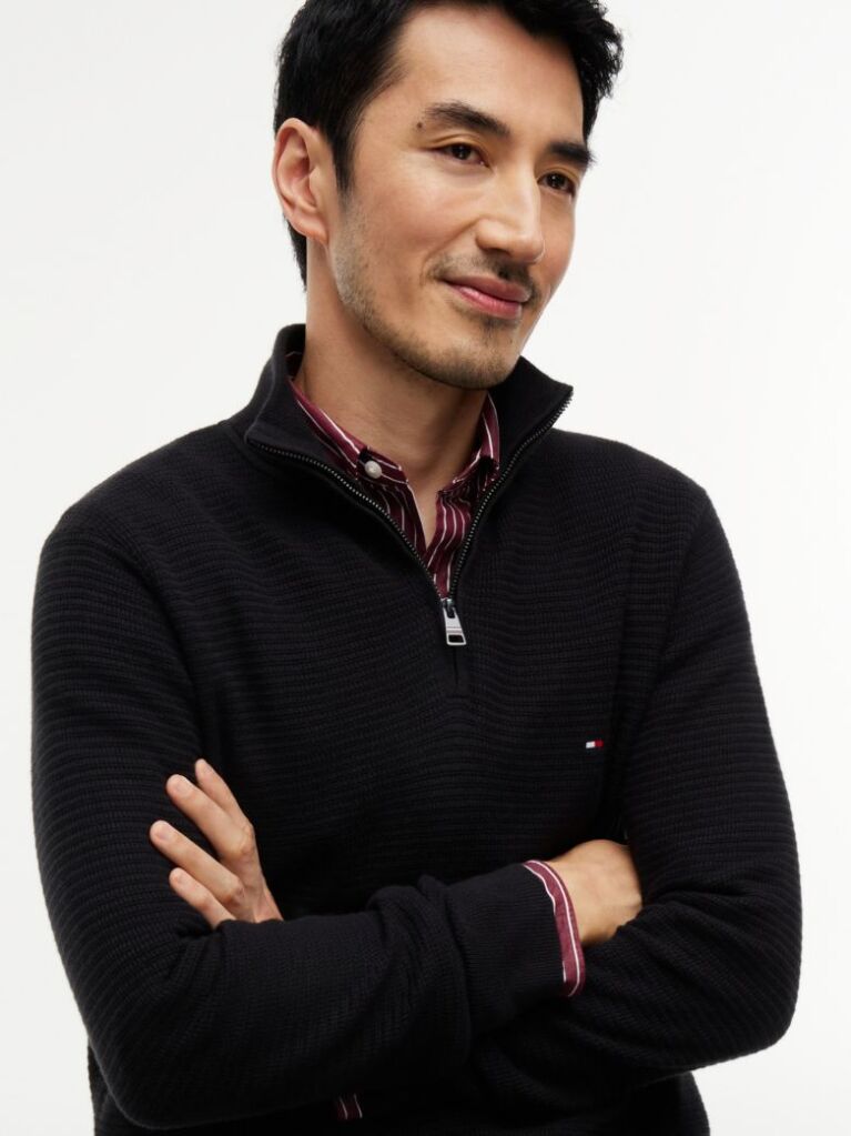 Black Textured Quarter-Zip Mock Neck Jumper With Cashmere  Men