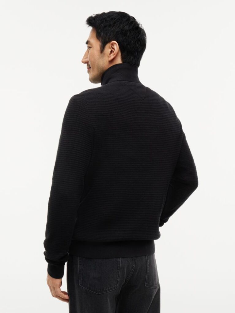 Black Textured Quarter-Zip Mock Neck Jumper With Cashmere  Men