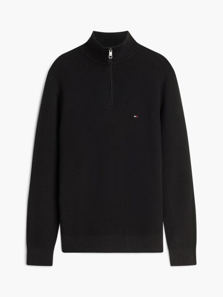 Black Textured Quarter-Zip Mock Neck Jumper With Cashmere  Men