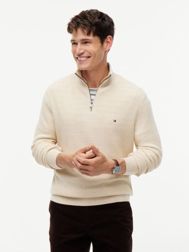 Beige Textured Quarter-Zip Mock Neck Jumper With Cashmere  Men