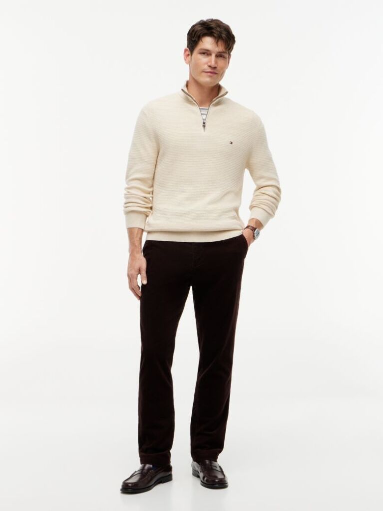 Beige Textured Quarter-Zip Mock Neck Jumper With Cashmere  Men
