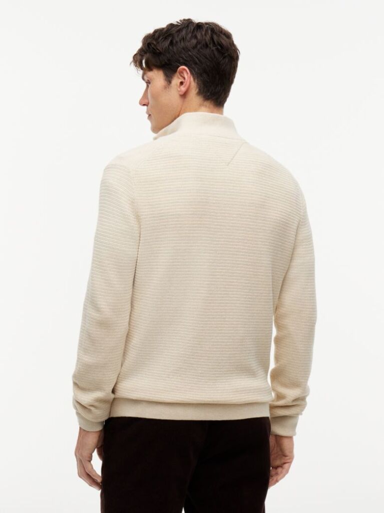 Beige Textured Quarter-Zip Mock Neck Jumper With Cashmere  Men