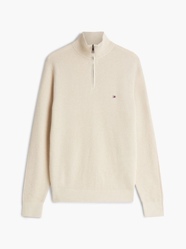 Beige Textured Quarter-Zip Mock Neck Jumper With Cashmere  Men