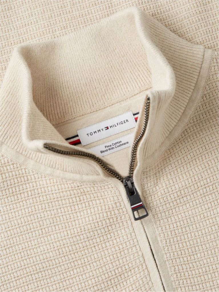 Beige Textured Quarter-Zip Mock Neck Jumper With Cashmere  Men