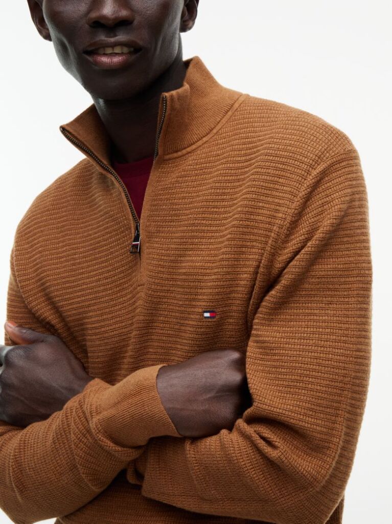 Brown Textured Quarter-Zip Mock Neck Jumper With Cashmere  Men