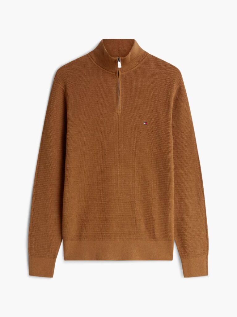 Brown Textured Quarter-Zip Mock Neck Jumper With Cashmere  Men