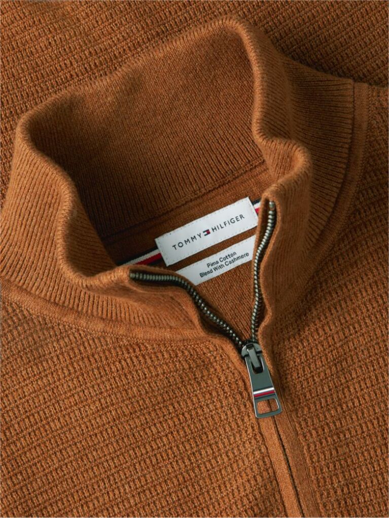Brown Textured Quarter-Zip Mock Neck Jumper With Cashmere  Men