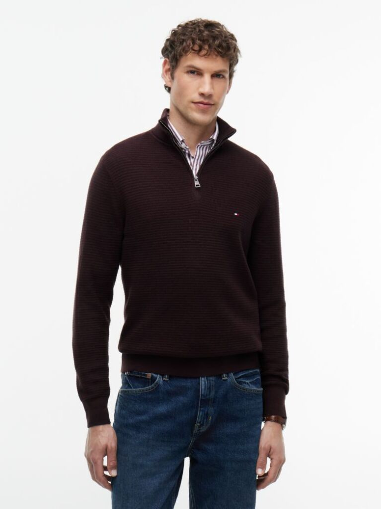 Brown Textured Quarter-Zip Mock Neck Jumper With Cashmere  Men