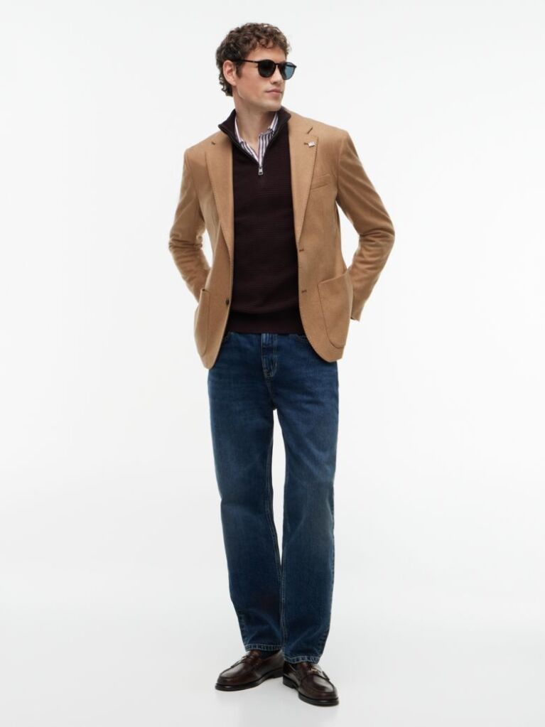 Brown Textured Quarter-Zip Mock Neck Jumper With Cashmere  Men