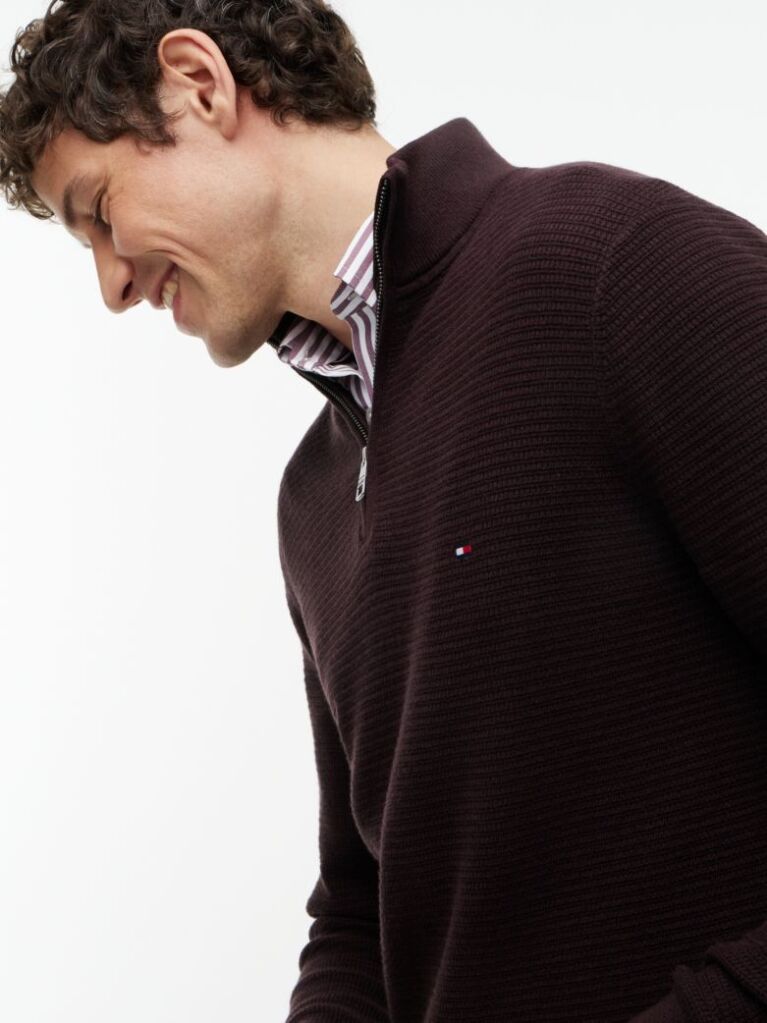 Brown Textured Quarter-Zip Mock Neck Jumper With Cashmere  Men