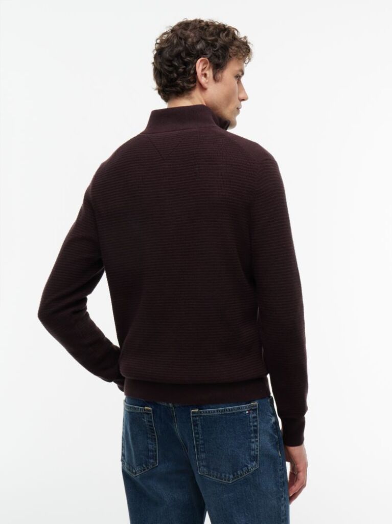 Brown Textured Quarter-Zip Mock Neck Jumper With Cashmere  Men
