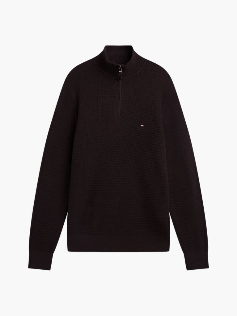 Brown Textured Quarter-Zip Mock Neck Jumper With Cashmere  Men