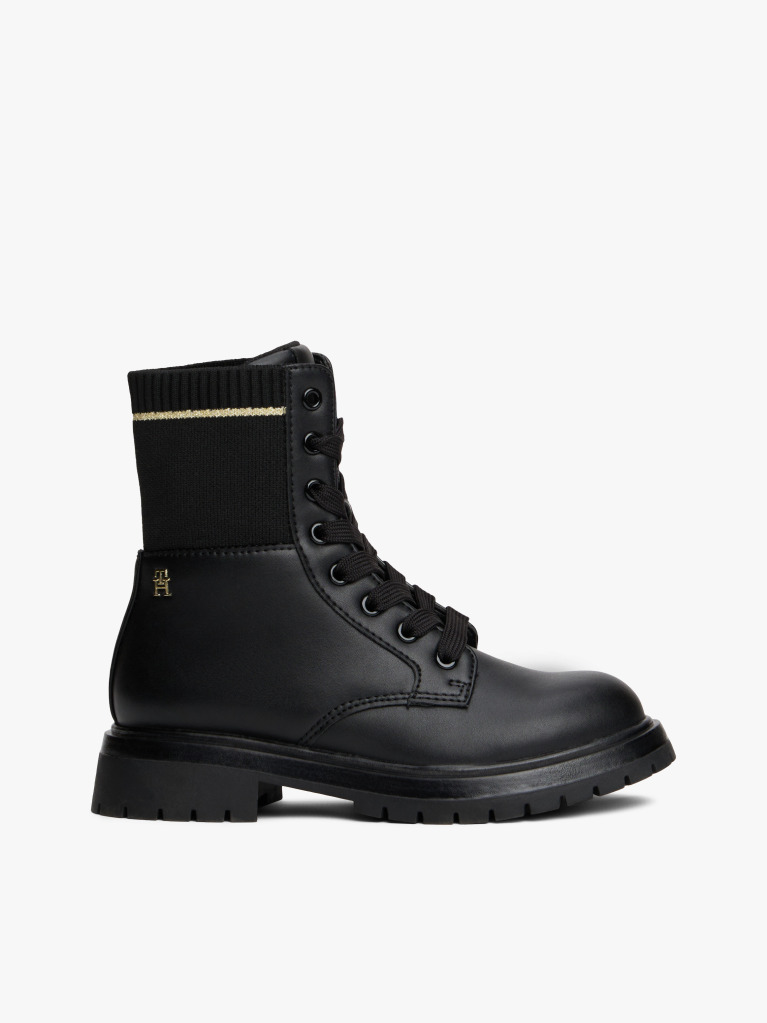 Black Rib-Knit Cleat Lace-Up Ankle Boots  Girls