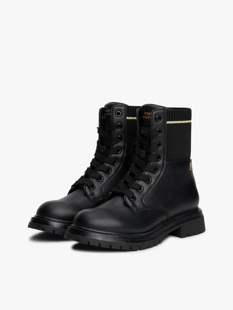 Black Rib-Knit Cleat Lace-Up Ankle Boots  Girls