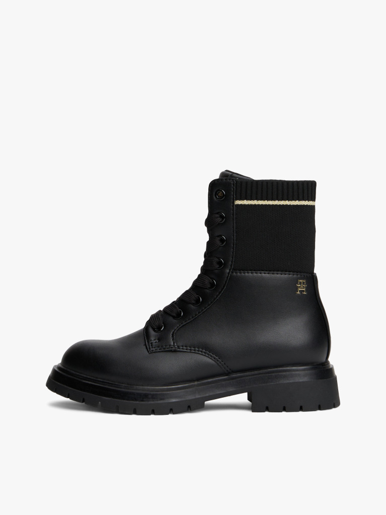 Black Rib-Knit Cleat Lace-Up Ankle Boots  Girls