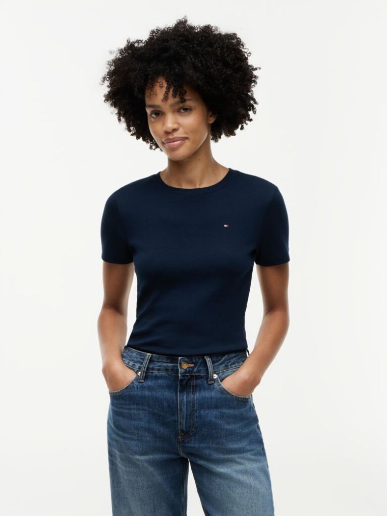 Blue Flag Embroidery Ribbed Slim T-Shirt  Women