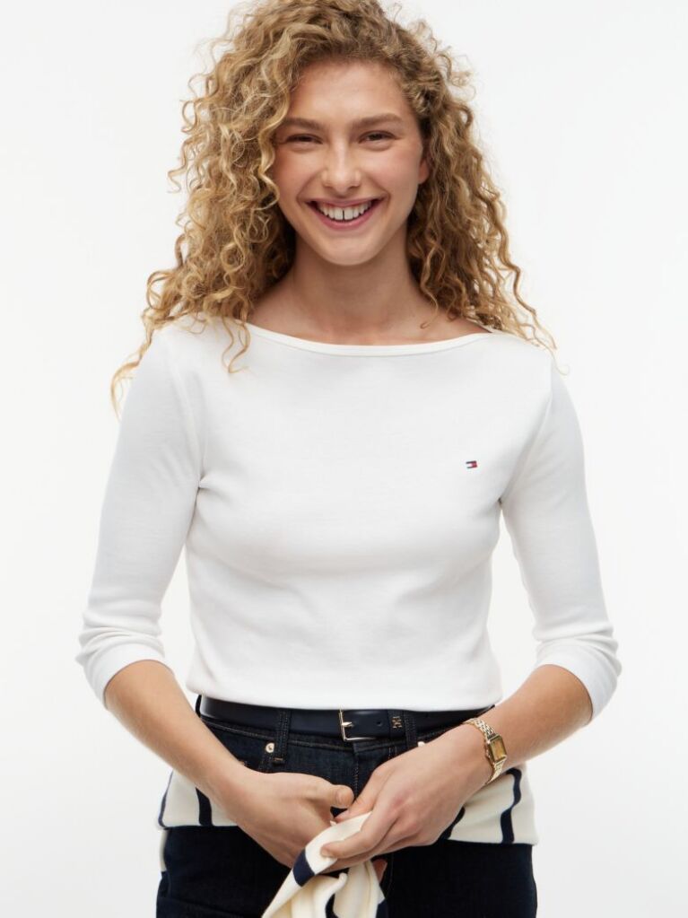 White Boat Neck Slim Fit T-Shirt  Women