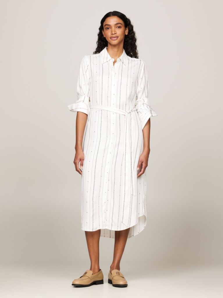 Multi Foulard Flag Stripe Knee Length Shirt Dress  Women