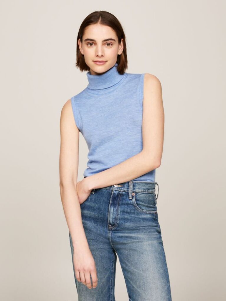 Blue Merino Wool Turtleneck Sleeveless Jumper  Women