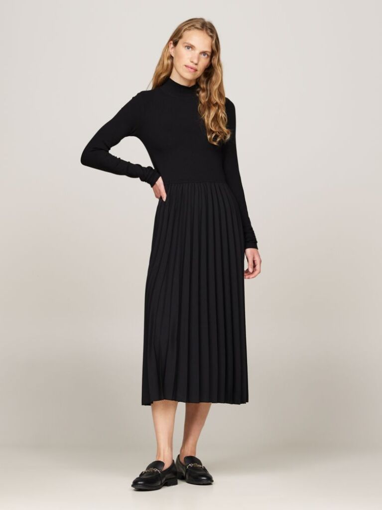 Black Mock Turtleneck Pleated Midi Dress  Women