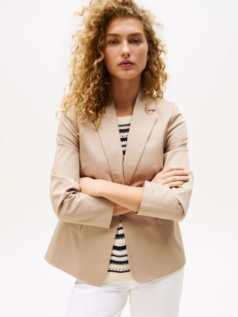 Beige Crest Embroidery Slim Fit Twill Blazer  Women