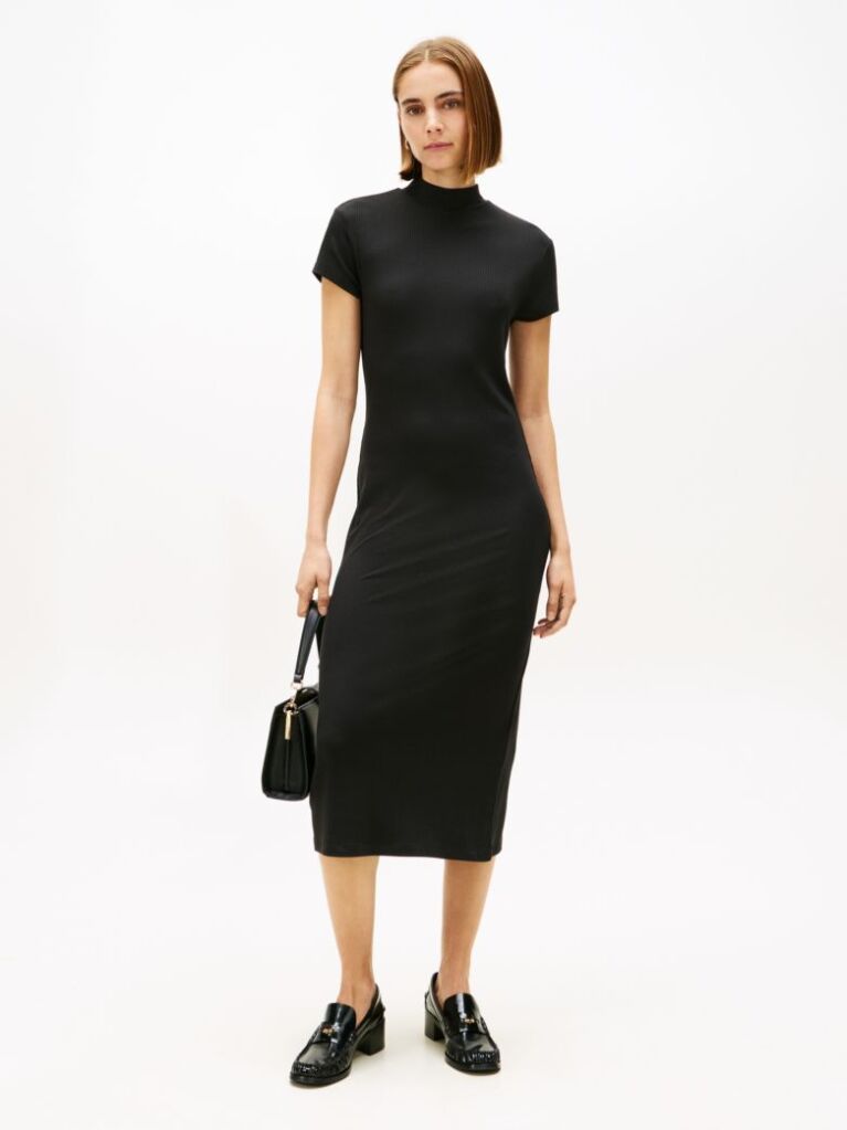 Black Slim Rib Mock Midi Bodycon Dress  Women
