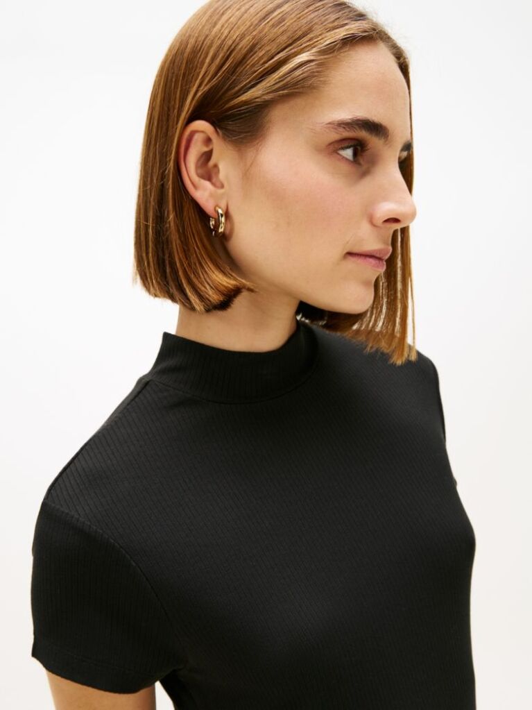 Black Slim Rib Mock Midi Bodycon Dress  Women