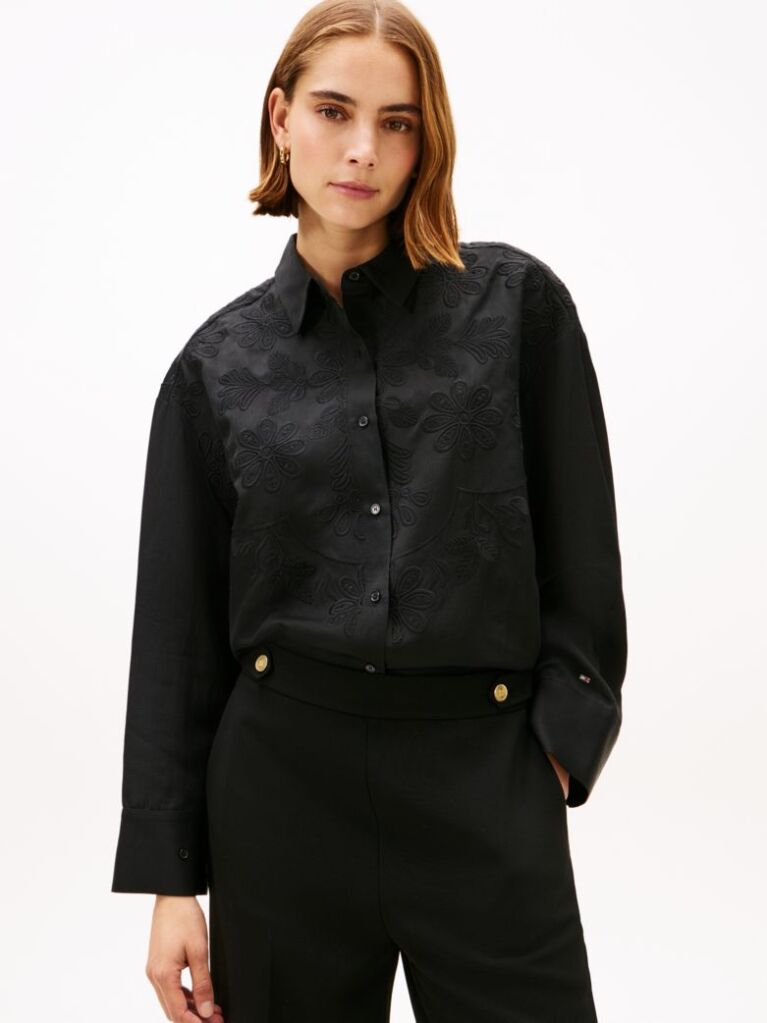 Black Floral Embroidery Oversized Fit Shirt With Linen  Women