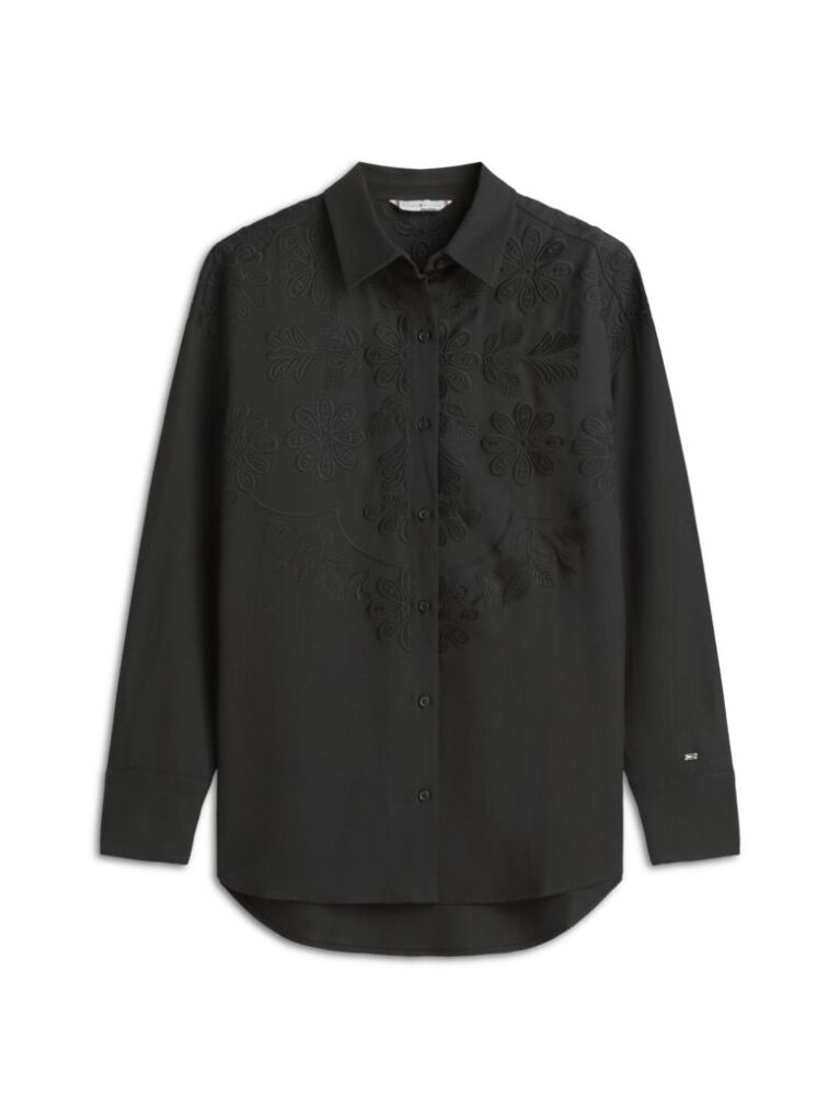 Black Floral Embroidery Oversized Fit Shirt With Linen  Women