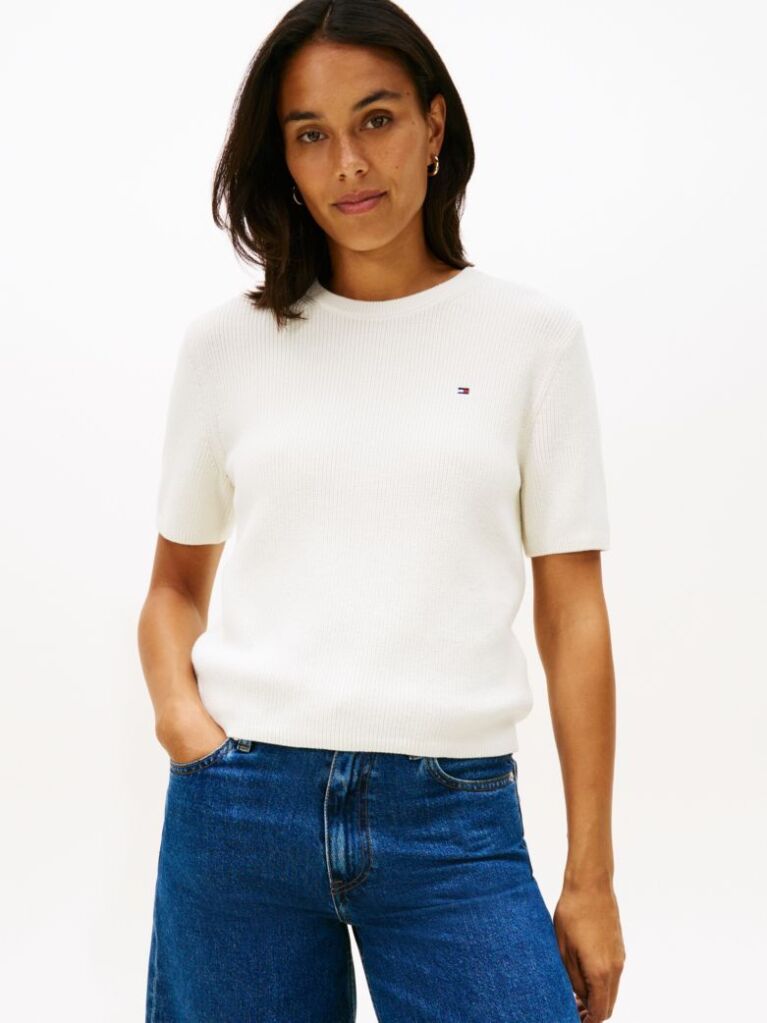 Beige Textured Knit Short Sleeve Jumper  Women