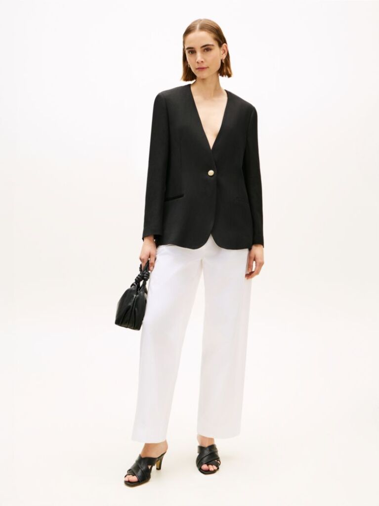Black Gold-Tone Button Relaxed Linen Blend Blazer  Women