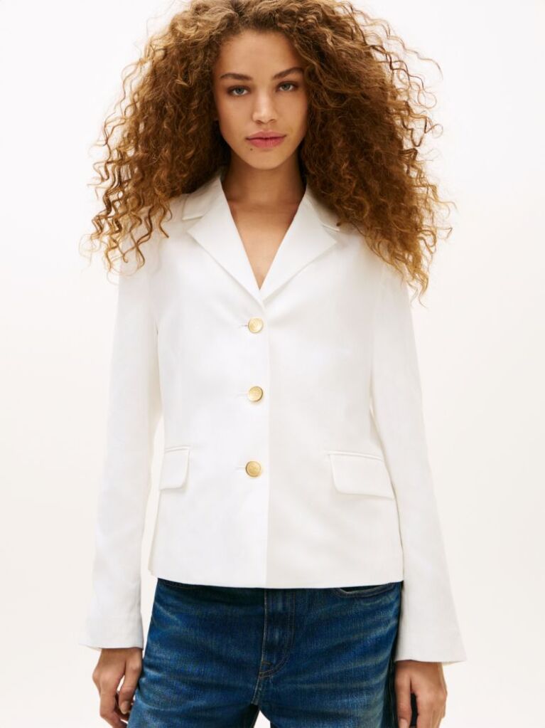 White Slim Fit Gold-Tone Button Linen Blend Blazer  Women